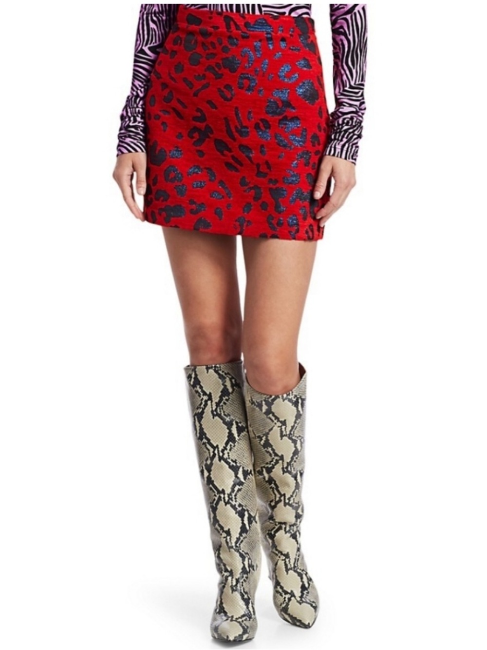THE ANDAMANE BERTHA RED METALLIC BLUE LEOPARD PRINT MINI SKIRT - Picture 14 of 15